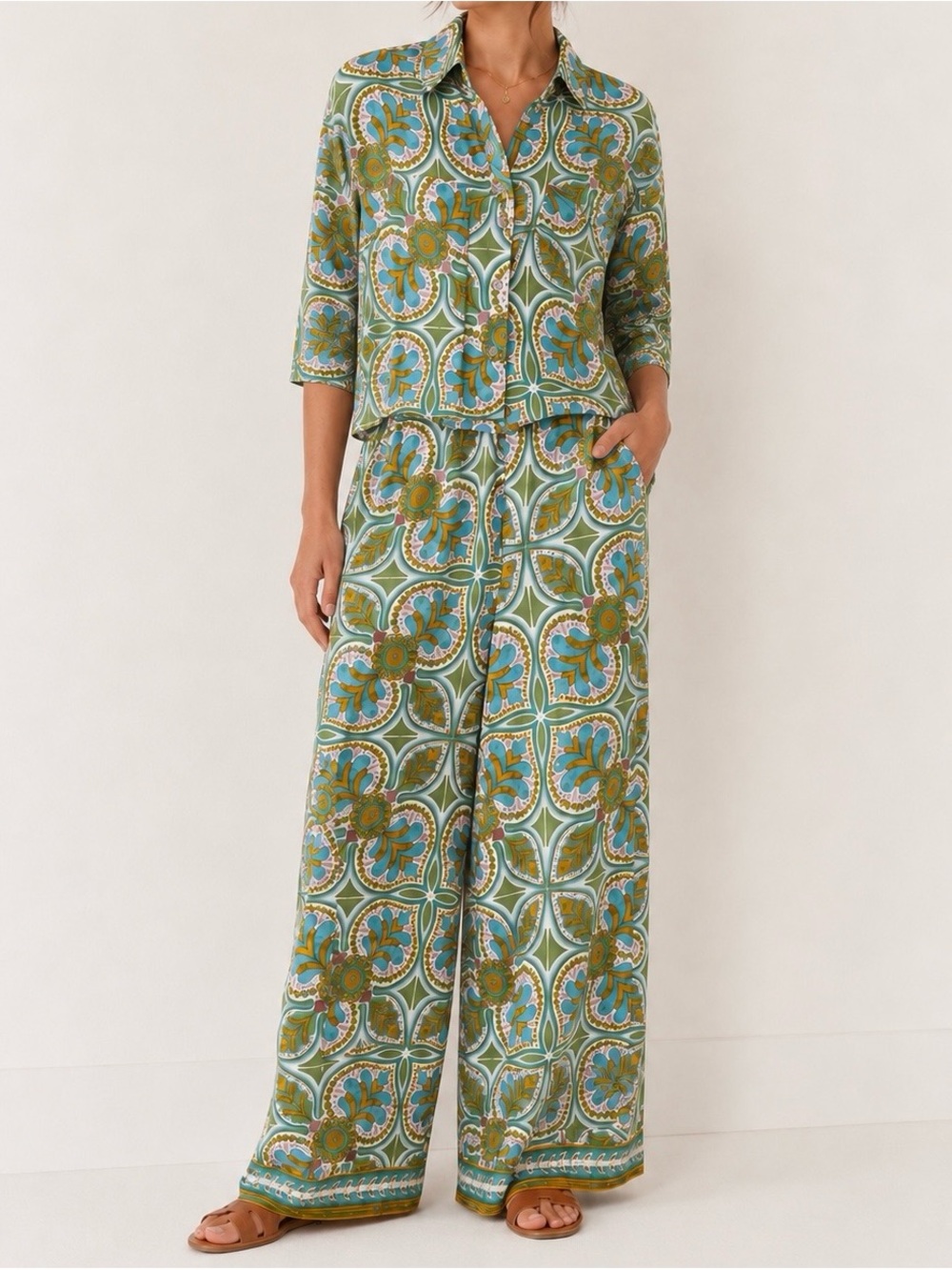 Haute Hippie Green and Turquoise Floral Geometric Wide-Leg Pants Small + Medium